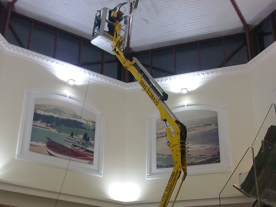 Tracked spiderlift cherrypicker for internal cleaning and electrical/lighting work from High Reaching Solutions Malton York